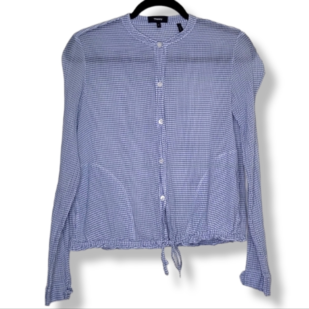 Theory Band-Collar Drawstring Shirt Button Up, Size S